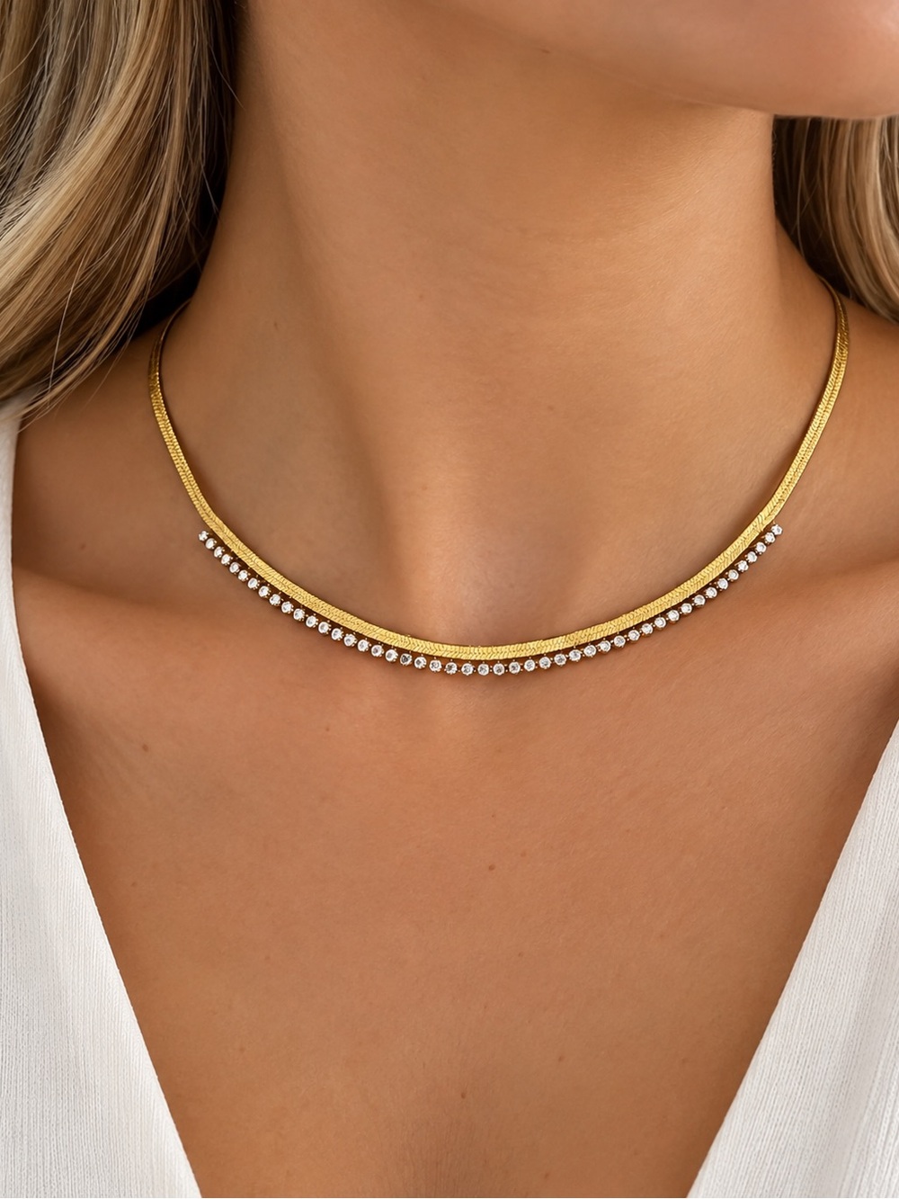 Gold Double-Row Crystal Choker Necklace Steel 316 L